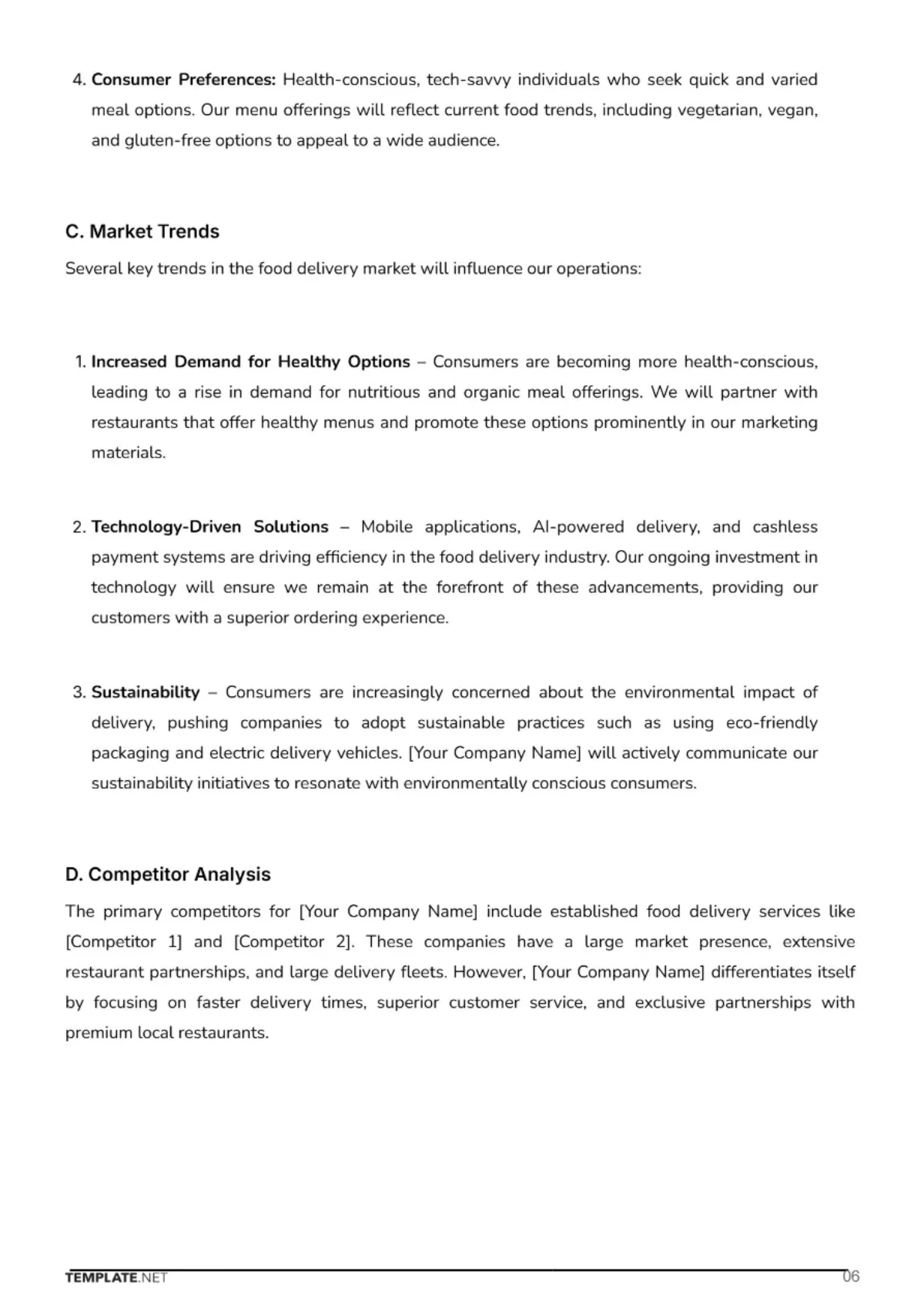Free Food Delivery Business Plan Template to Edit Online