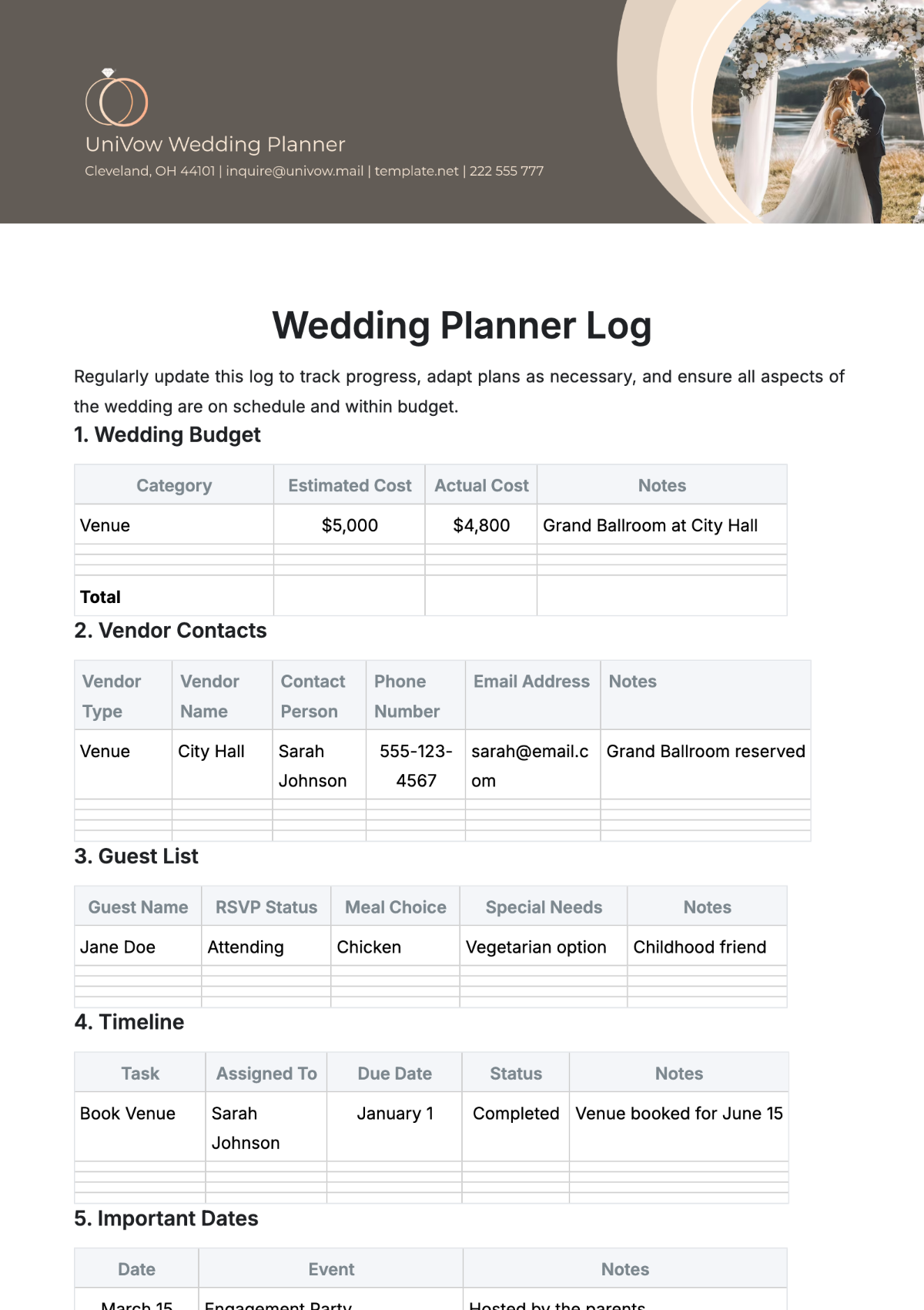 Wedding Planner Log Template - Edit Online & Download