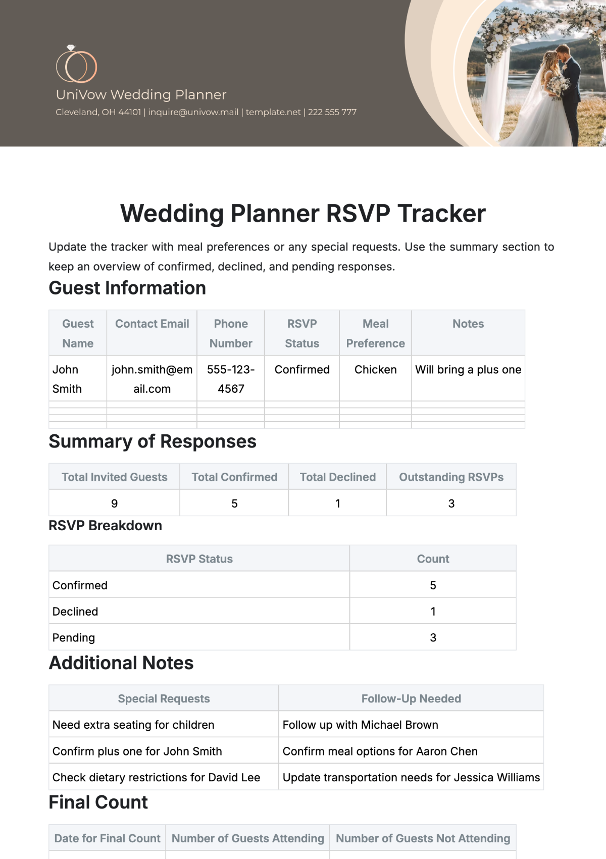 Wedding Planner RSVP Tracker Template - Edit Online & Download