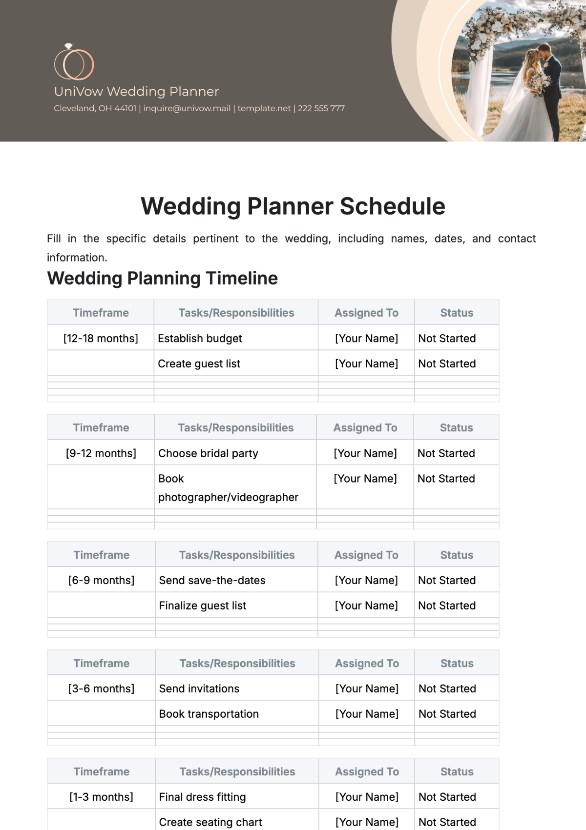 Free Wedding Planner Schedule Template To Edit Online