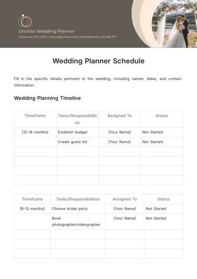 Free Wedding Planner Schedule Template to Edit Online