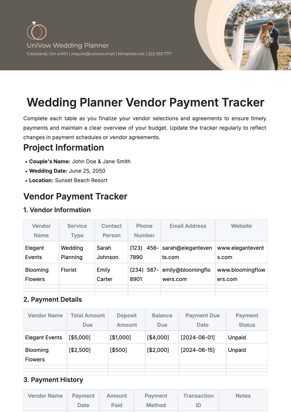 Wedding Planner Vendor Payment Tracker Template - Edit Online & Download