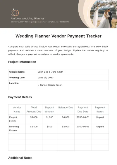 Free Wedding Planner Vendor Payment Tracker Template to Edit Online
