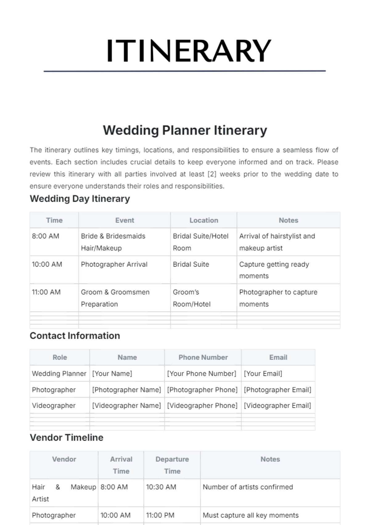 Wedding Planner Itinerary Template - Edit Online & Download