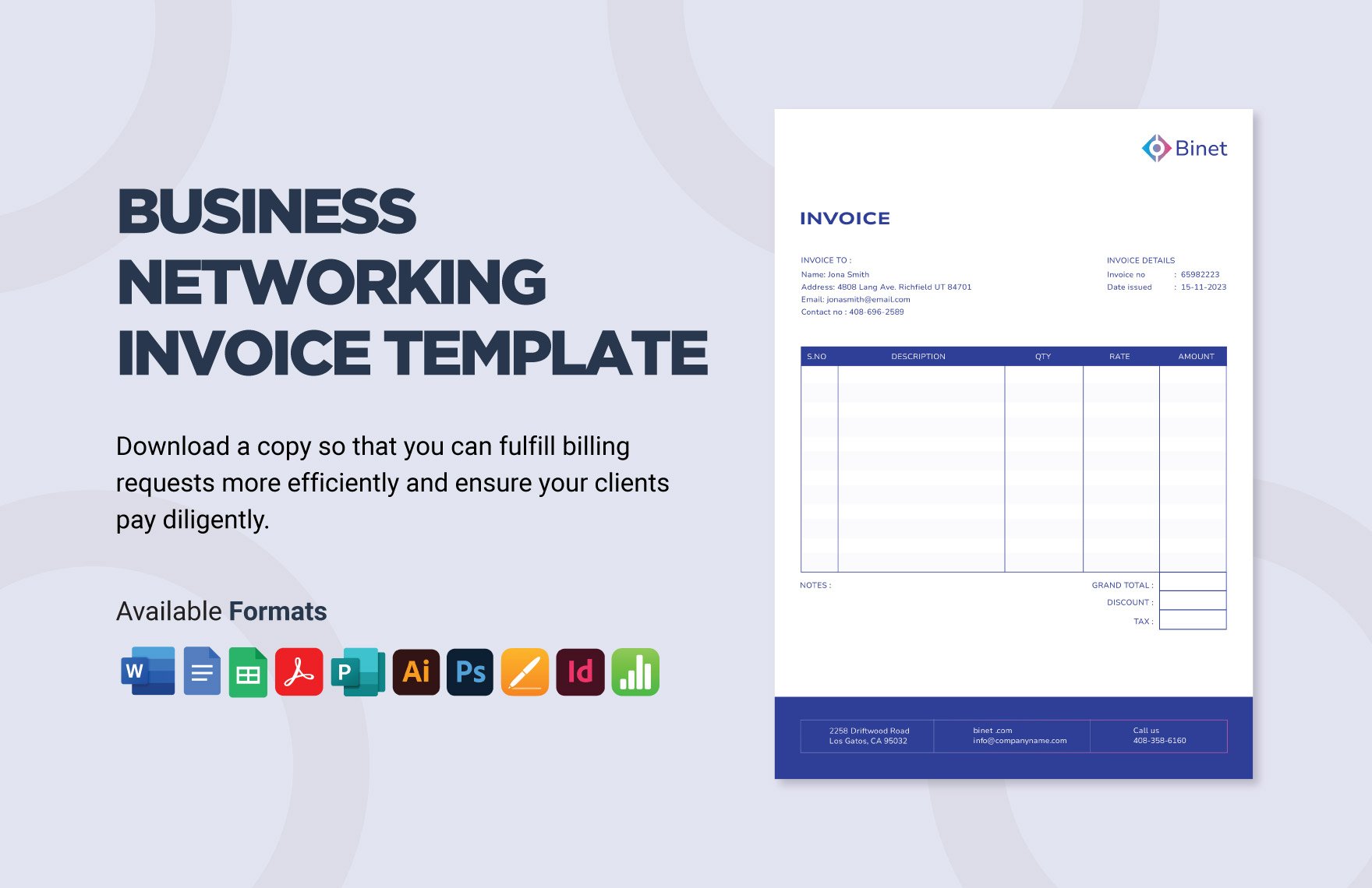 Business Networking Invoice Template in Word, Google Docs, Excel, PDF, Google Sheets, Illustrator, PSD, Apple Pages, InDesign, Apple Numbers