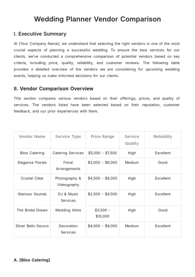 Free Wedding Planner Vendor Comparison Template to Edit Online