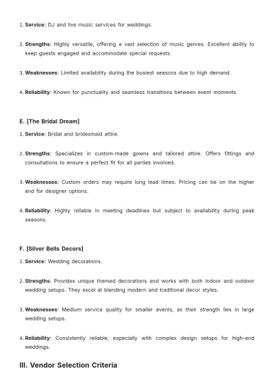 Free Wedding Planner Vendor Comparison Template to Edit Online