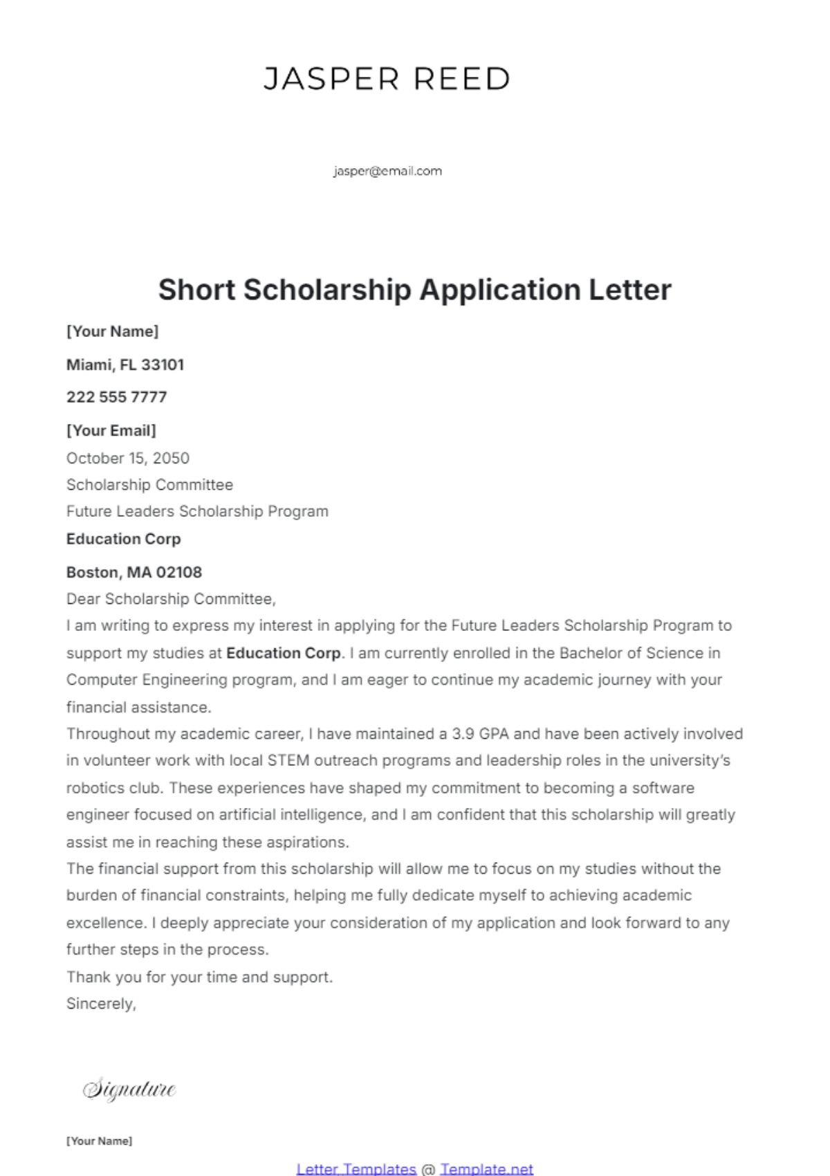 Short Scholarship Application Letter Template - Edit Online & Download