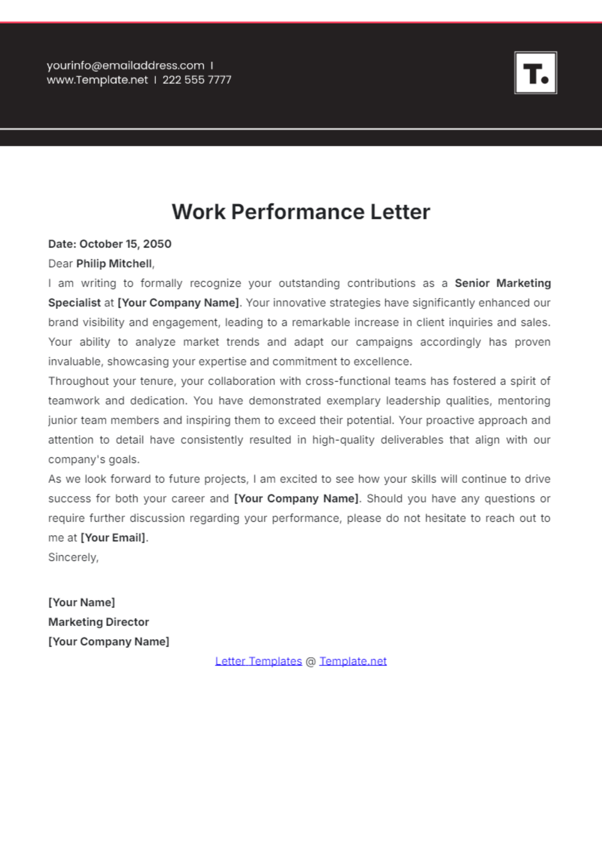 Work Performance Letter Template - Edit Online & Download