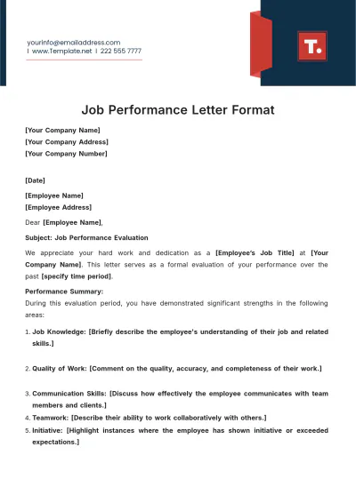 Free Job Performance Letter Format Template to Edit Online