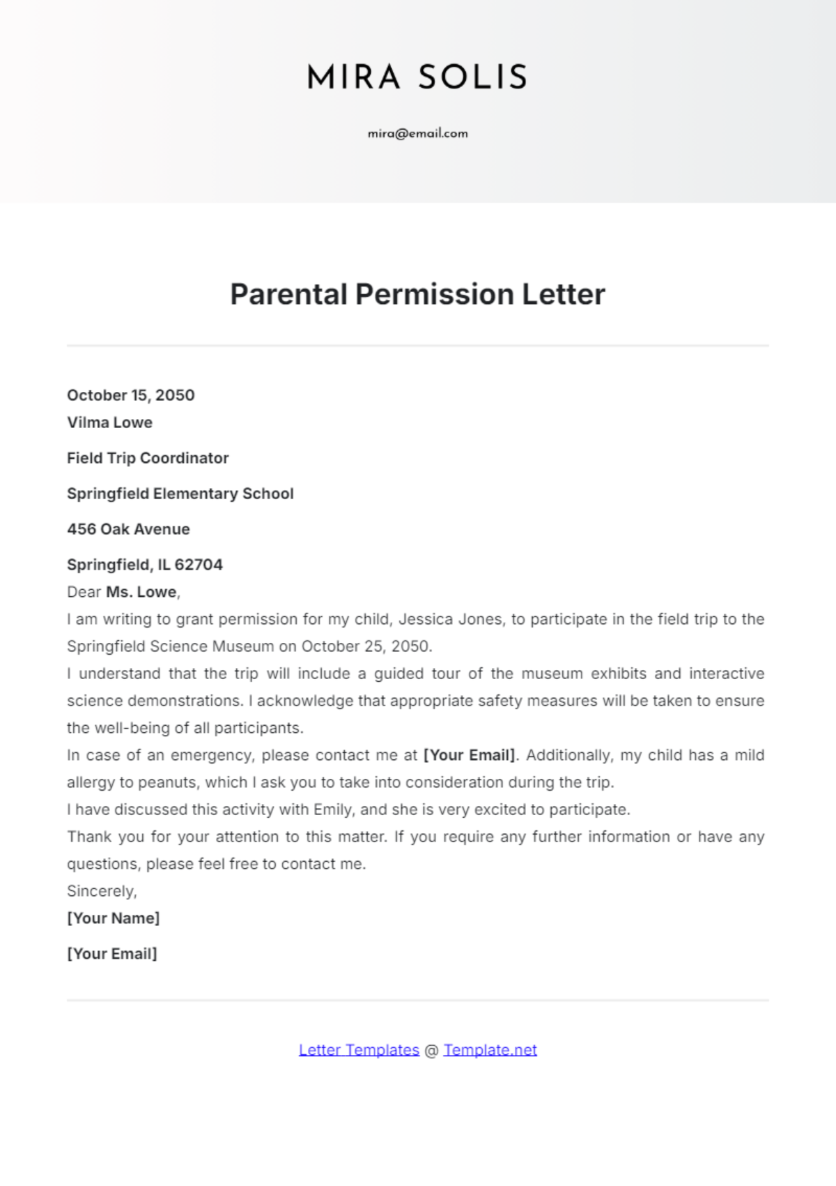 Parental Permission Letter Template - Edit Online & Download