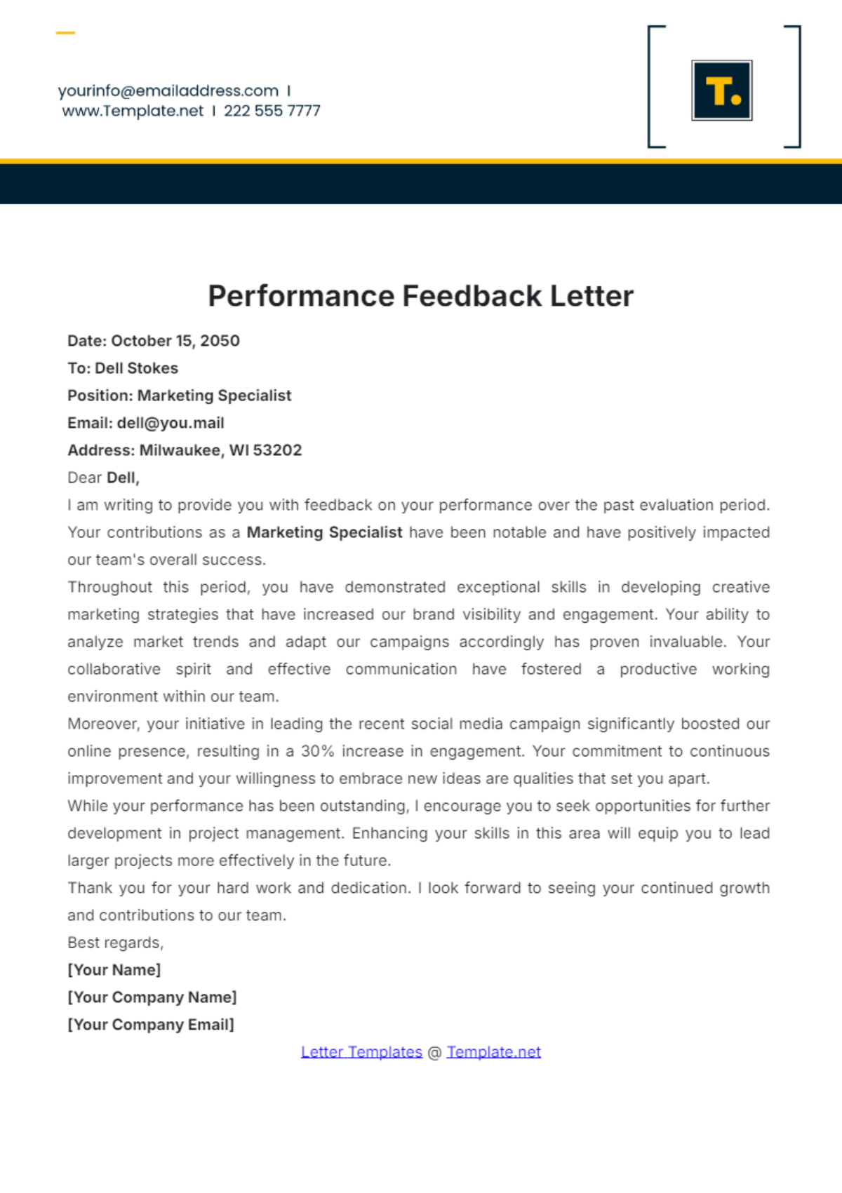 Performance Feedback Letter Template - Edit Online & Download