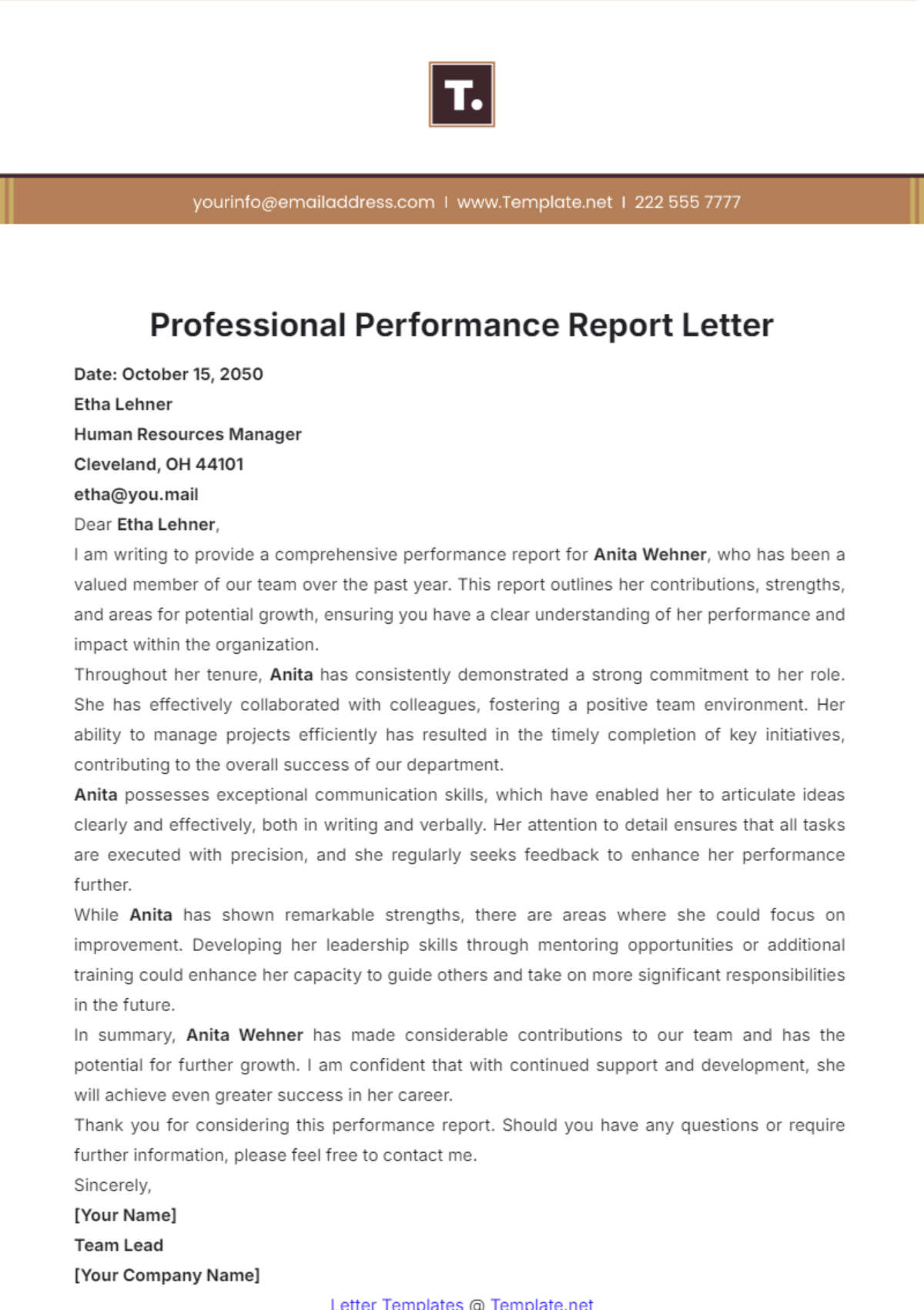 Professional Performance Report Letter Template - Edit Online & Download