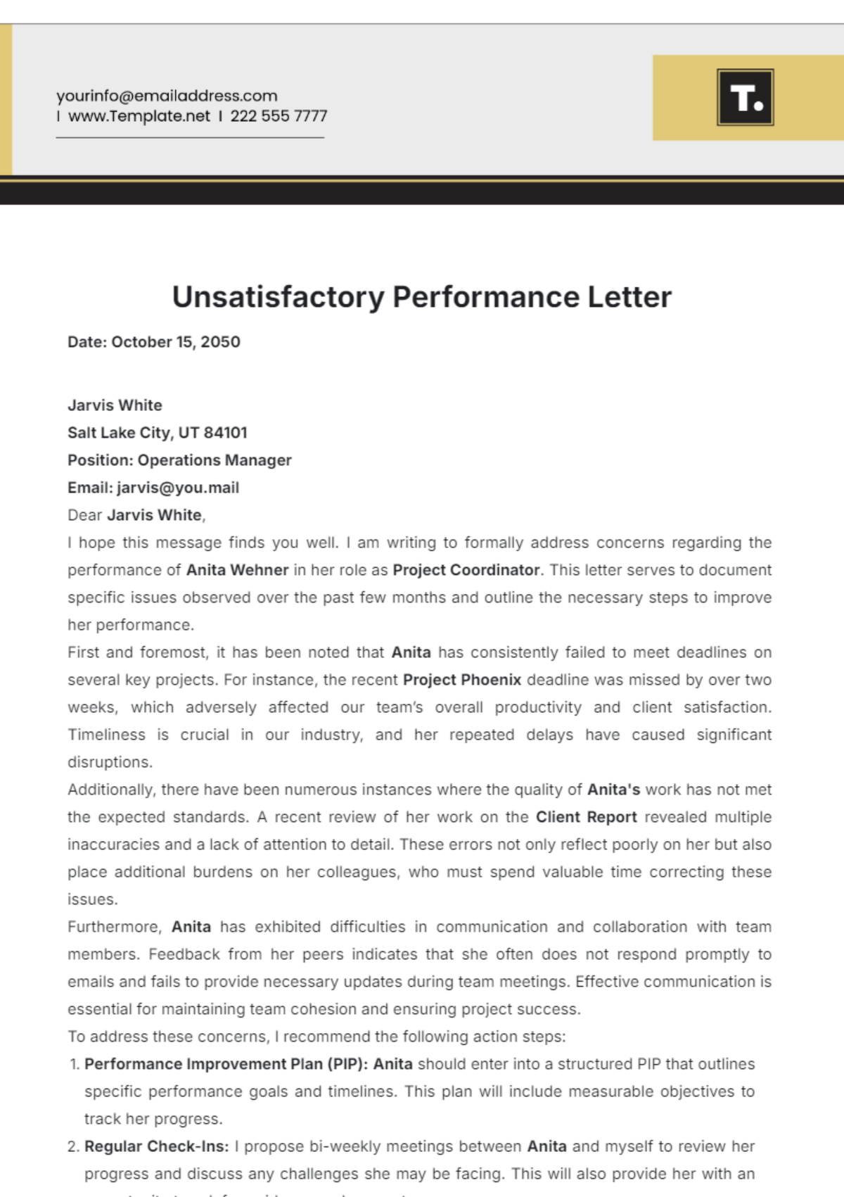 Unsatisfactory Performance Letter Template - Edit Online & Download