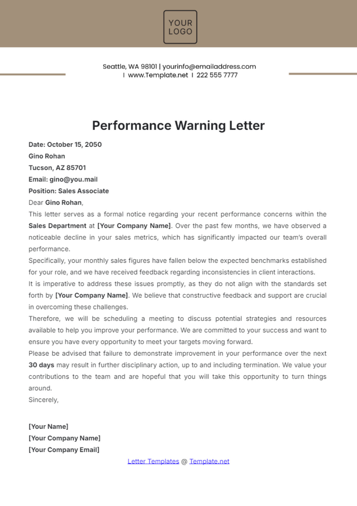 Performance Warning Letter Template - Edit Online & Download