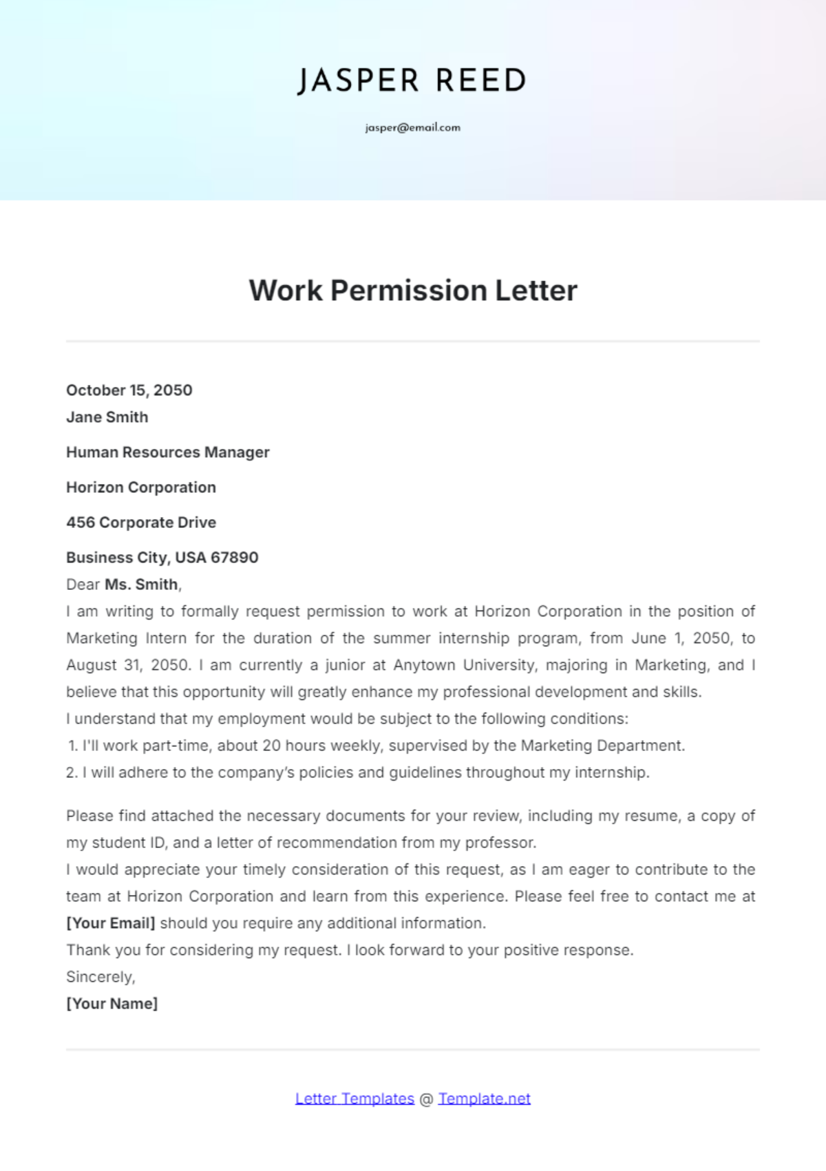 Work Permission Letter Template - Edit Online & Download