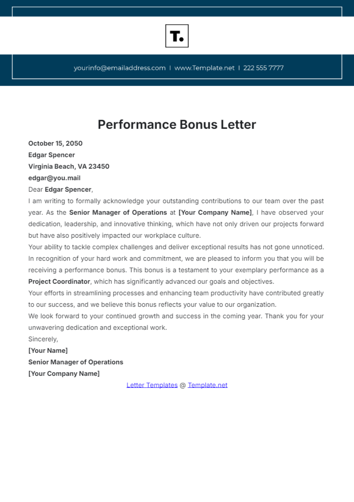 Performance Bonus Letter Template - Edit Online & Download