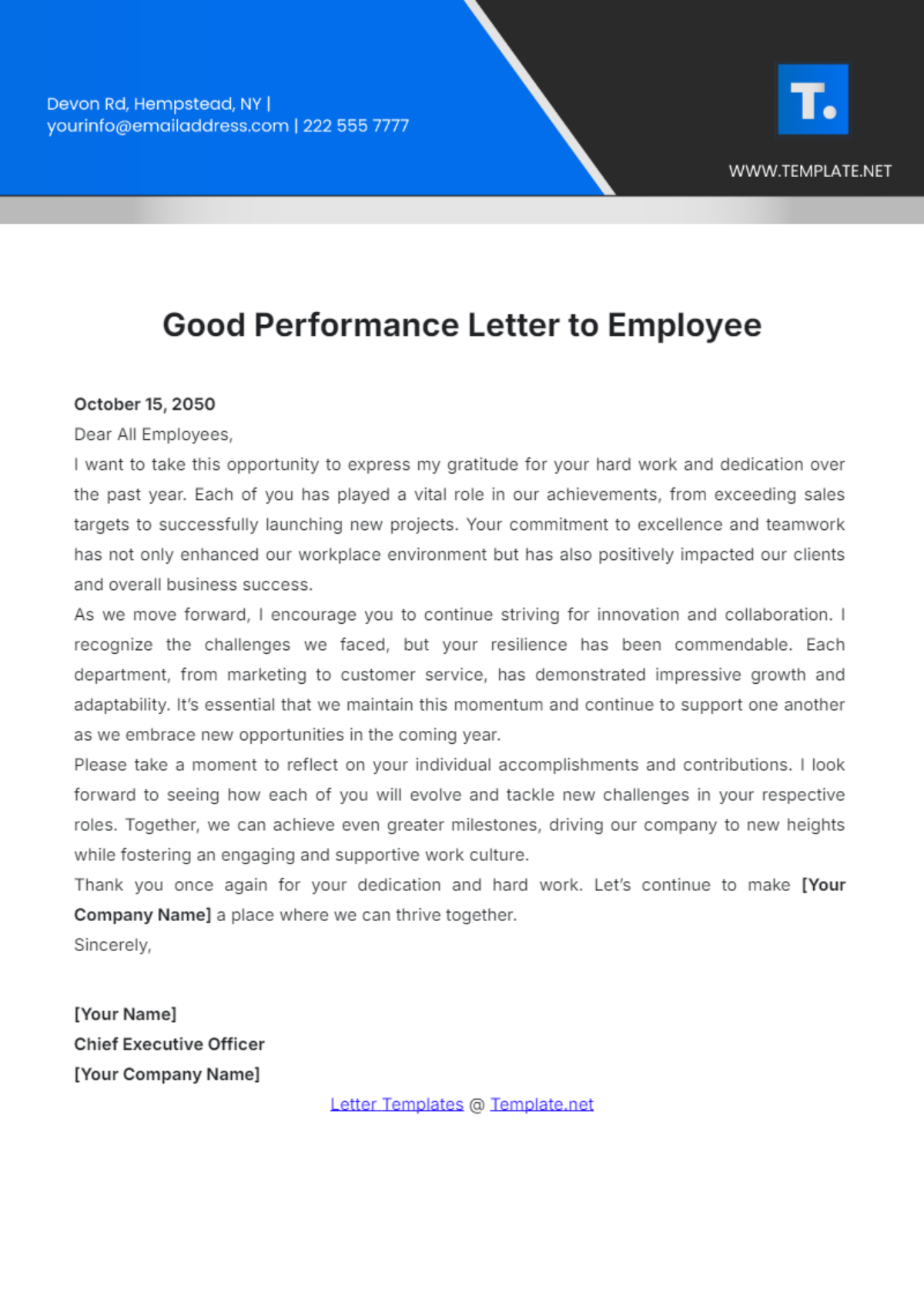 Good Performance Letter to Employee Template - Edit Online & Download