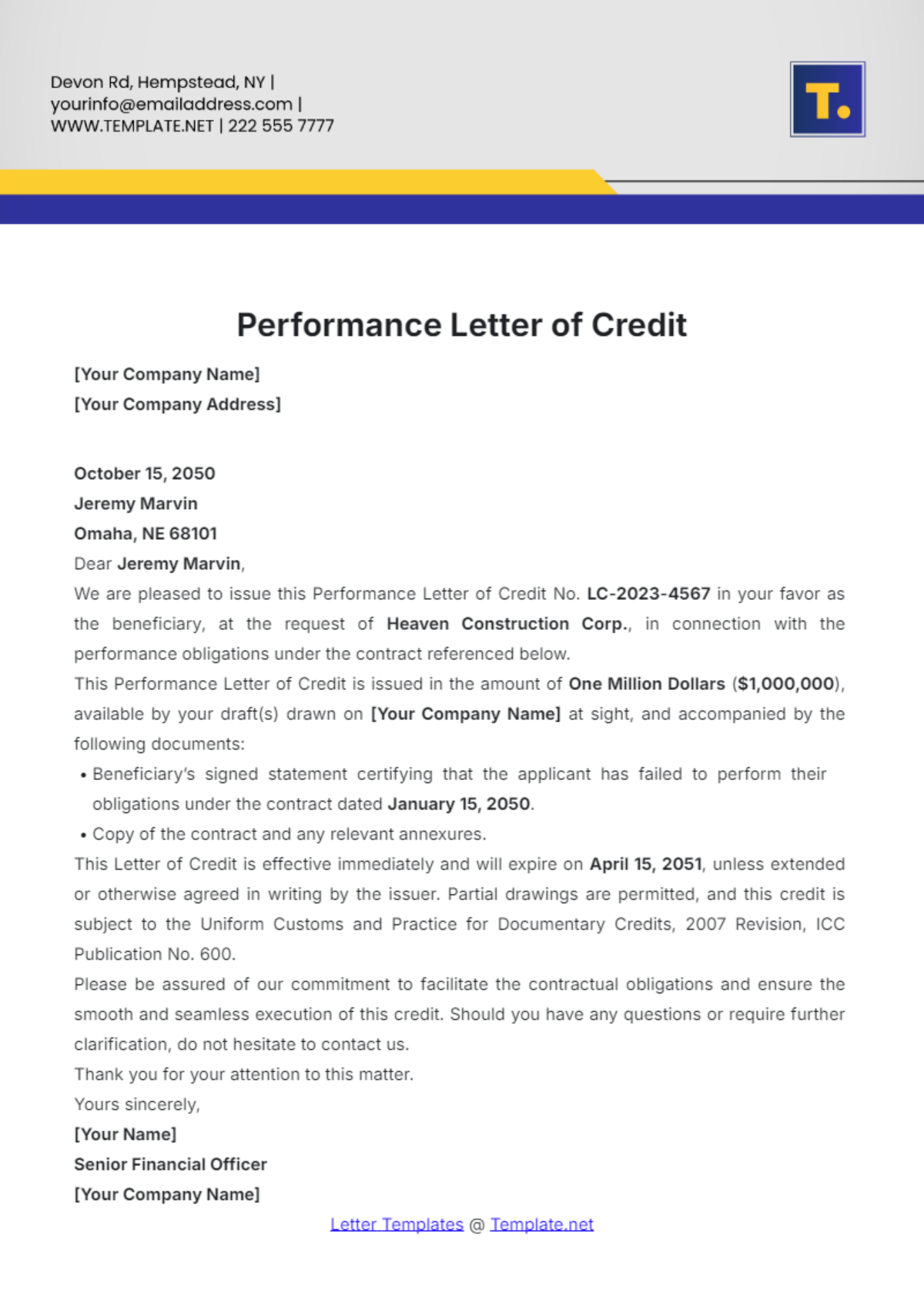 Performance Letter of Credit Template - Edit Online & Download