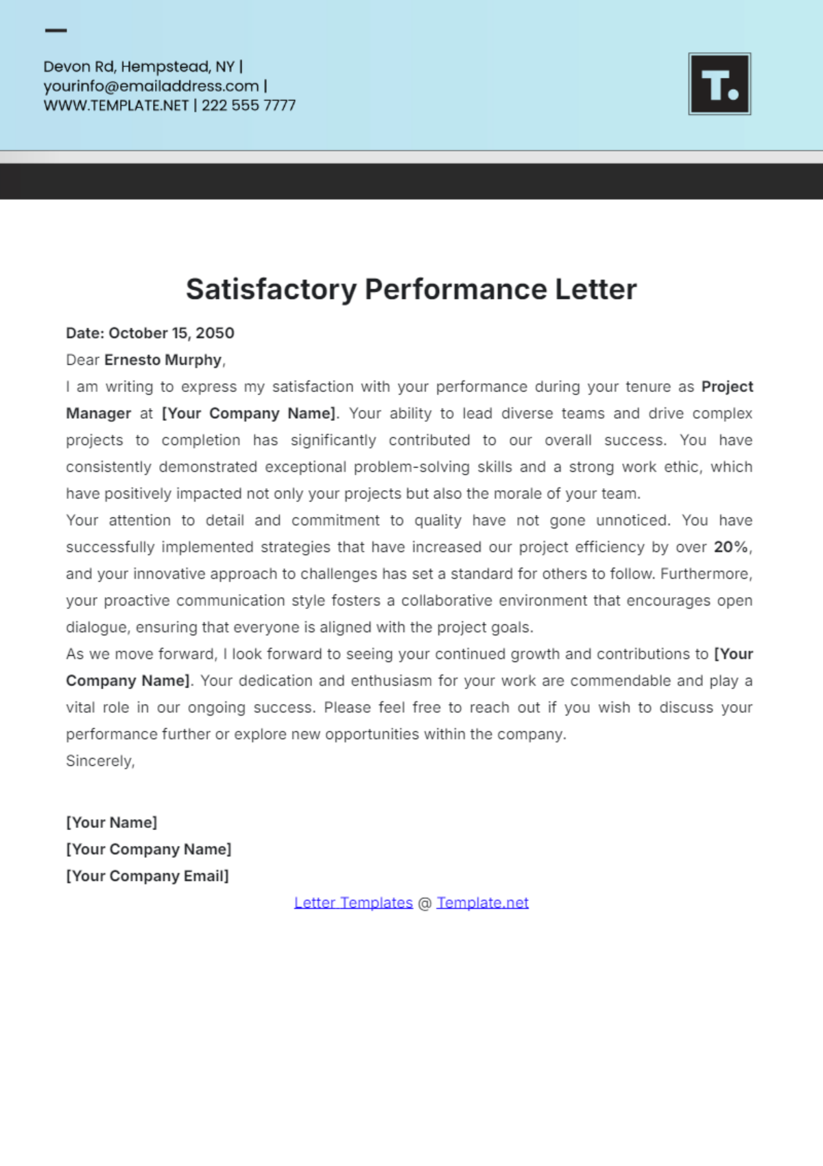 Satisfactory Performance Letter Template - Edit Online & Download