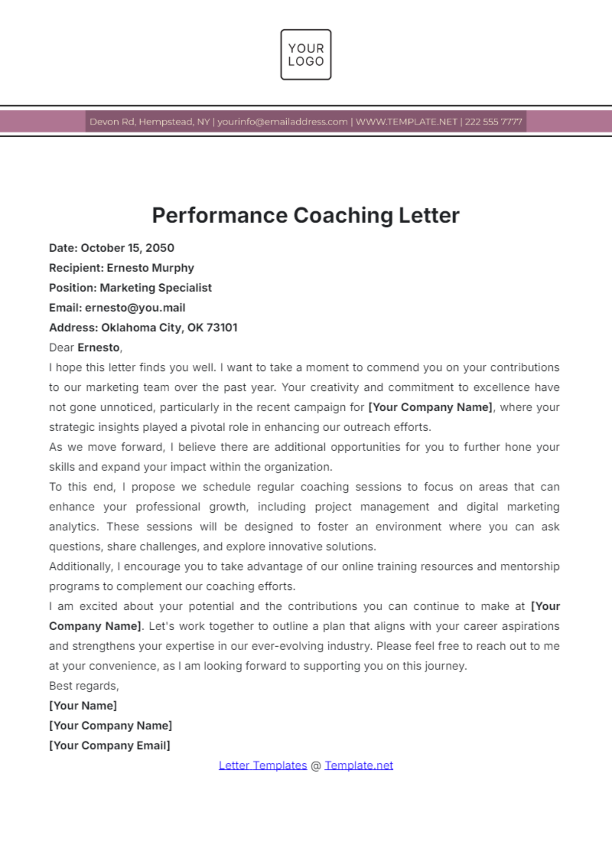 Performance Coaching Letter Template - Edit Online & Download