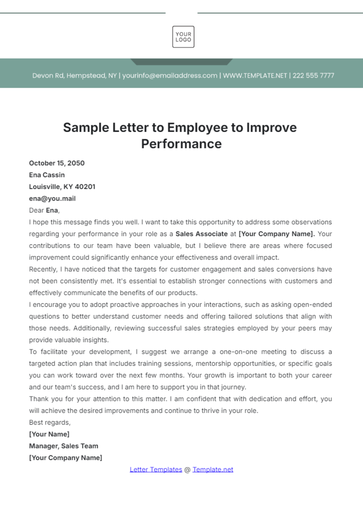 Sample Letter to Employee to Improve Performance Template - Edit Online & Download