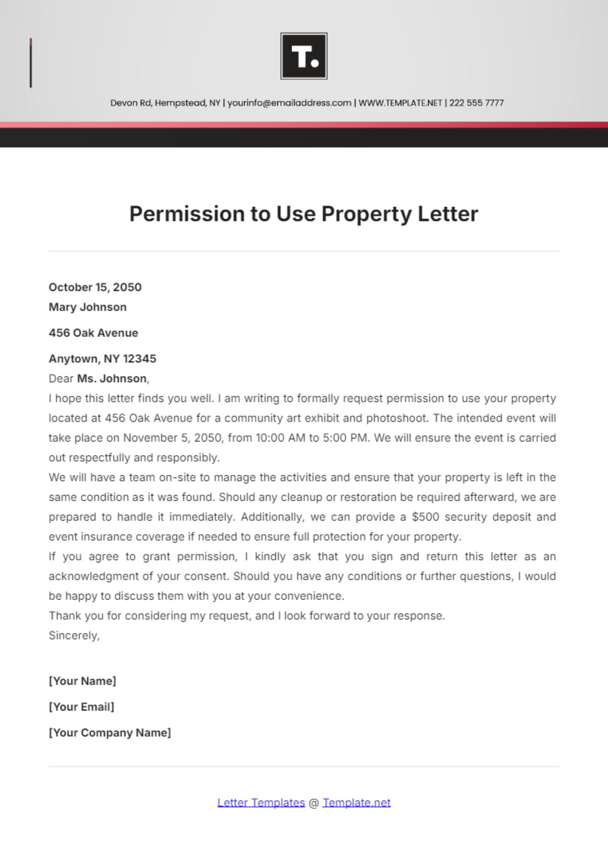 Permission to Use Property Letter Template - Edit Online & Download