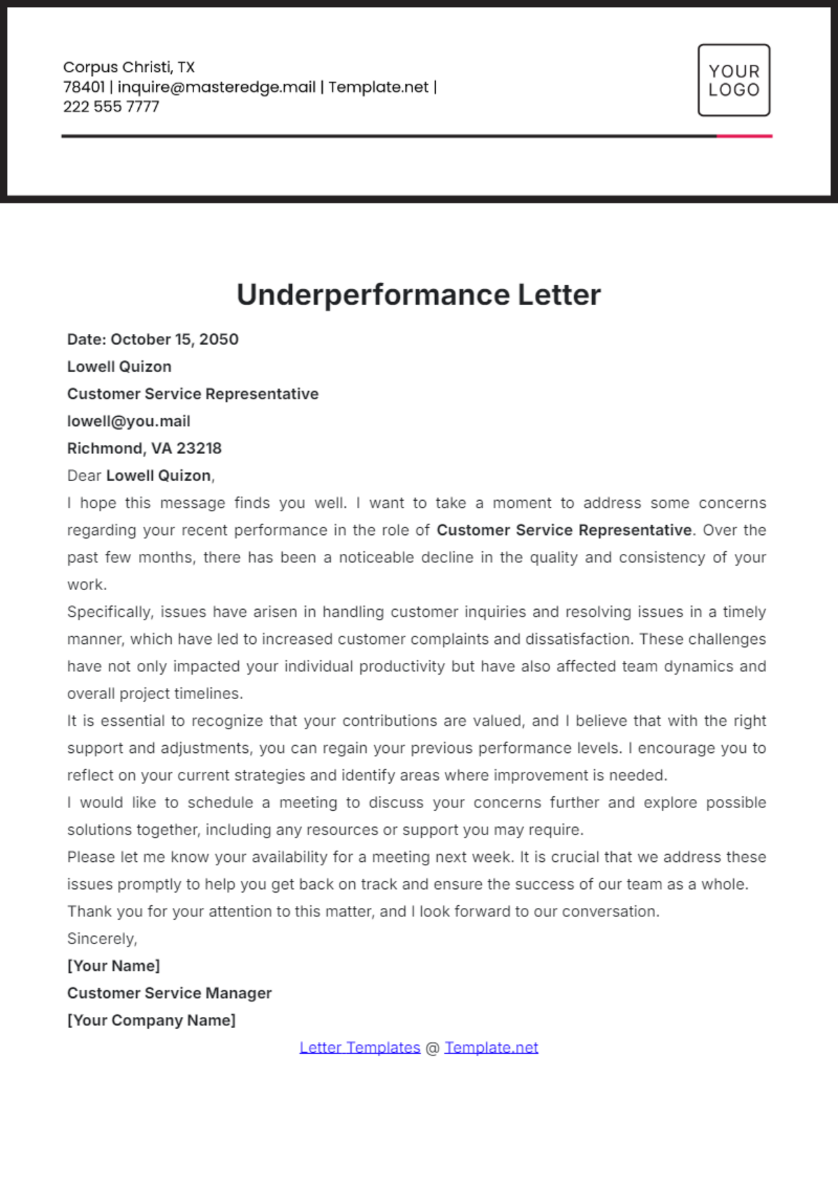 Underperformance Letter Template - Edit Online & Download