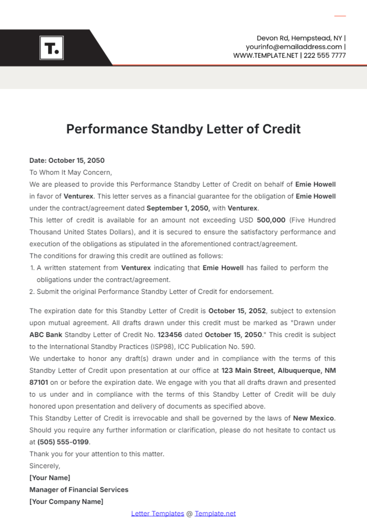 Performance Standby Letter of Credit Template - Edit Online & Download