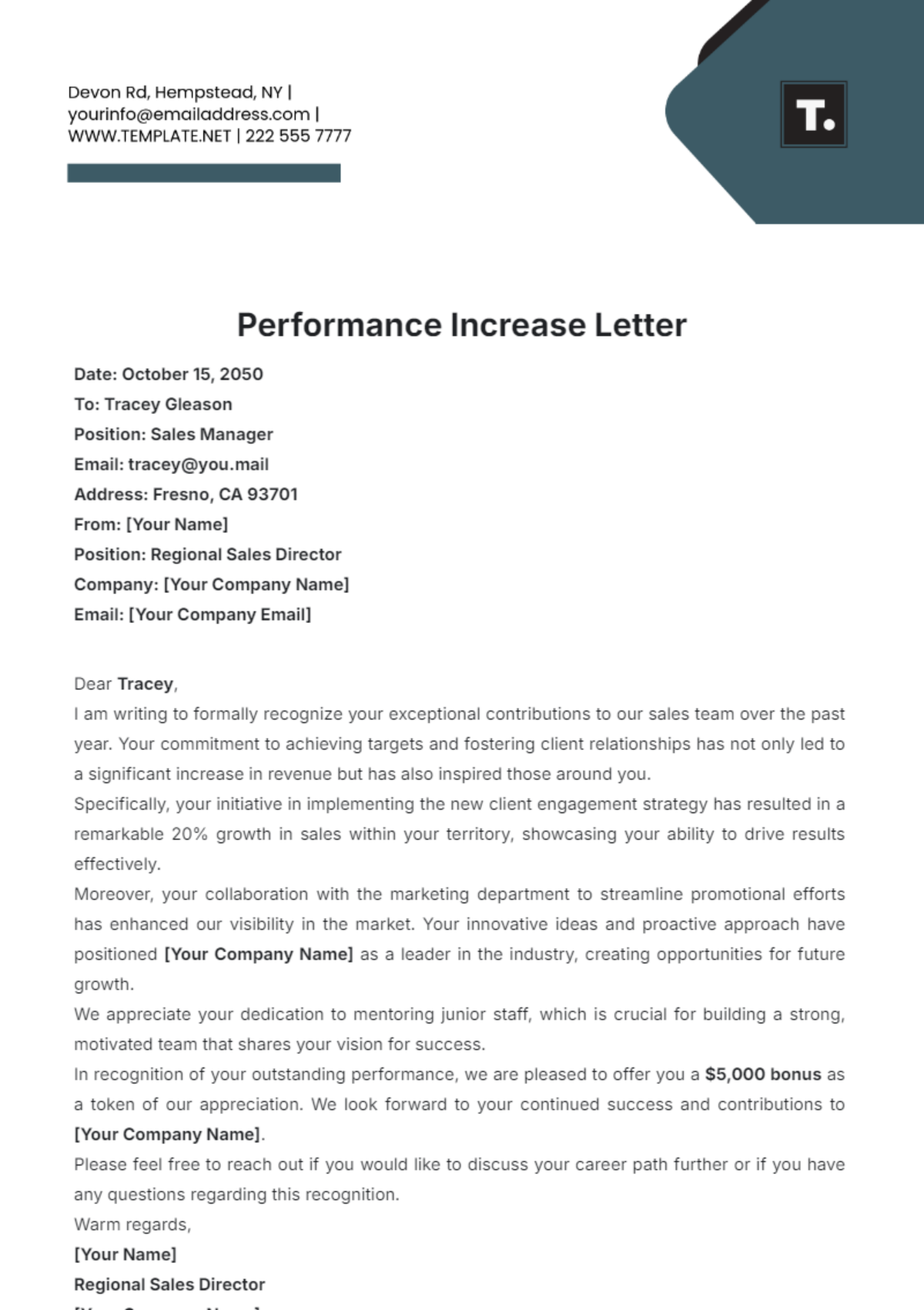 Performance Increase Letter Template - Edit Online & Download