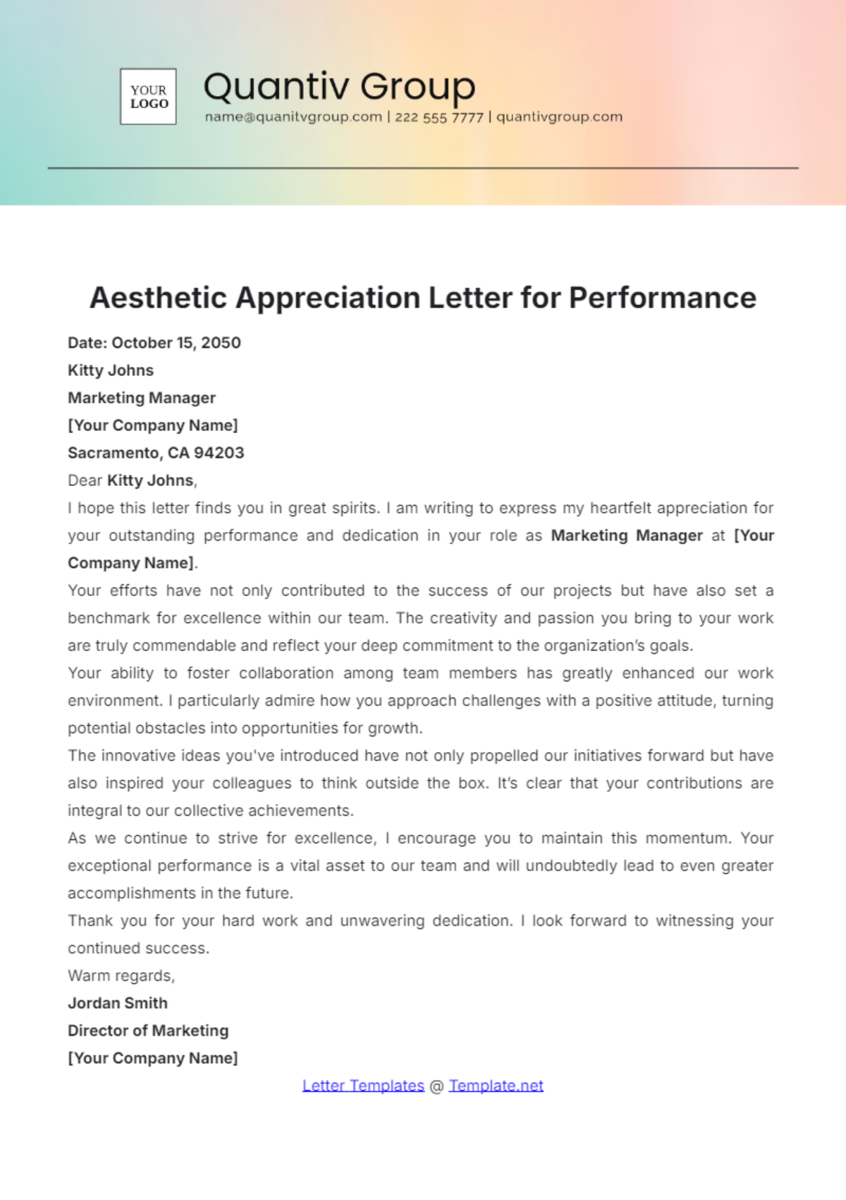 Aesthetic Appreciation Letter for Performance Template - Edit Online & Download