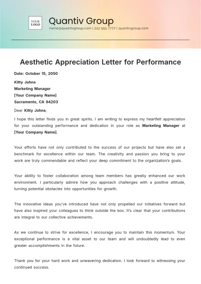 Free Aesthetic Appreciation Letter for Performance Template to Edit Online