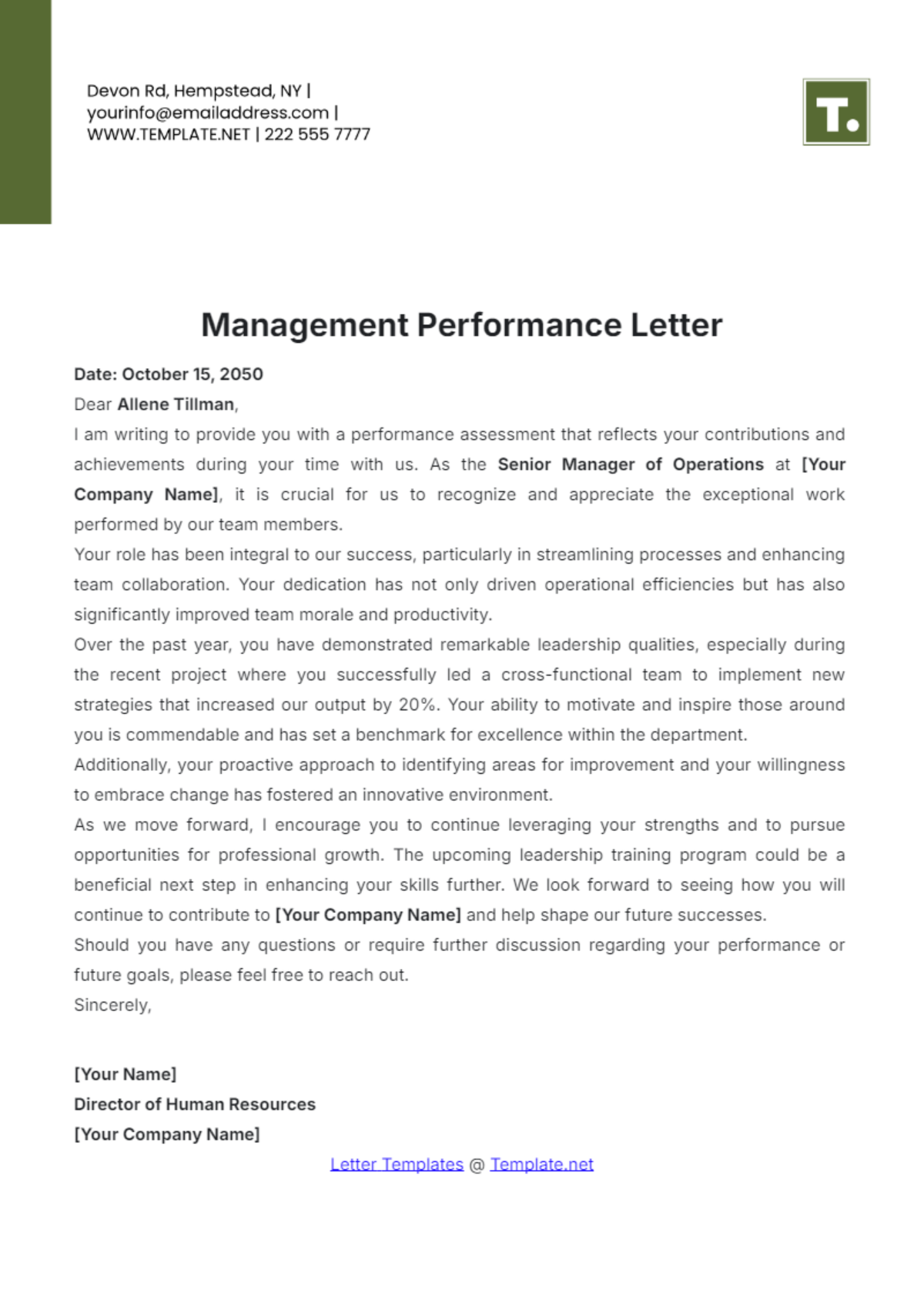 Management Performance Letter Template - Edit Online & Download