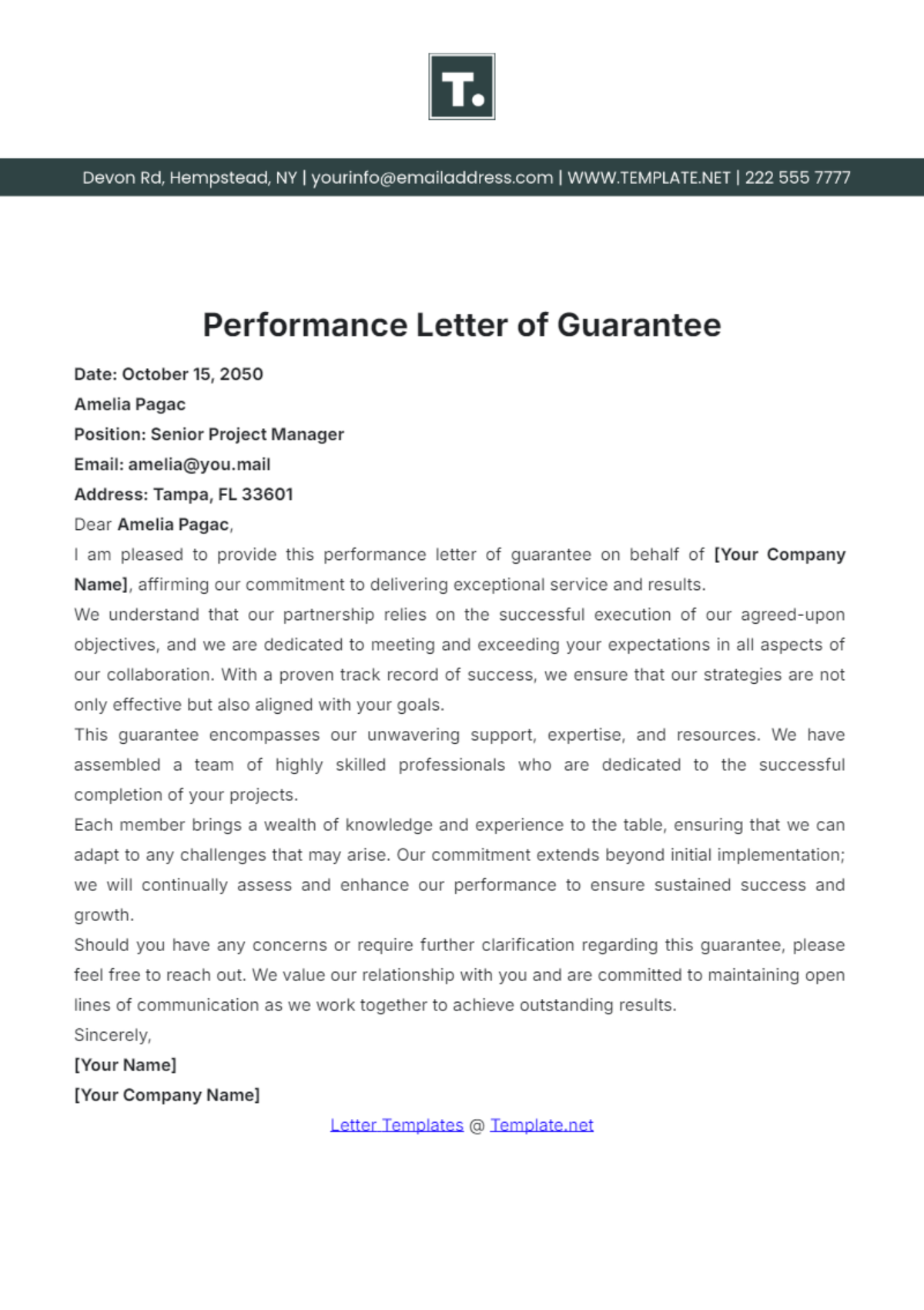 Performance Letter of Guarantee Template - Edit Online & Download