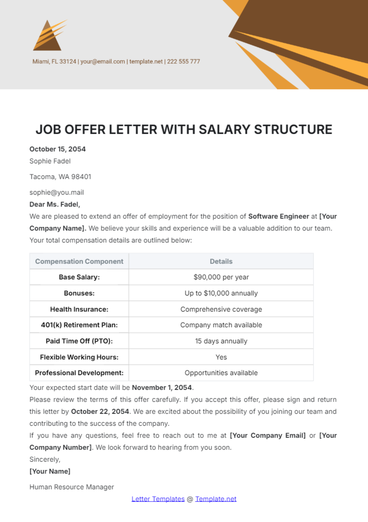 Job Offer Letter with Salary Structure Template - Edit Online & Download