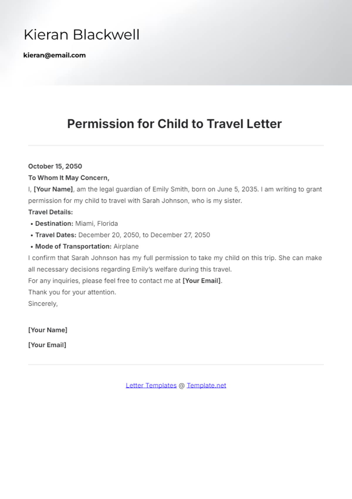 Permission for Child to Travel Letter Template - Edit Online & Download