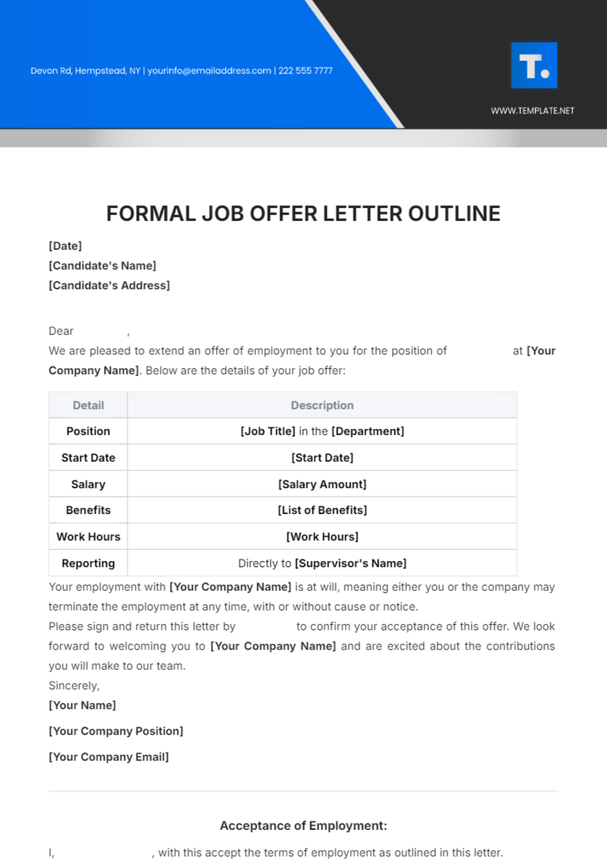 Formal Job Offer Letter Outline Template - Edit Online & Download