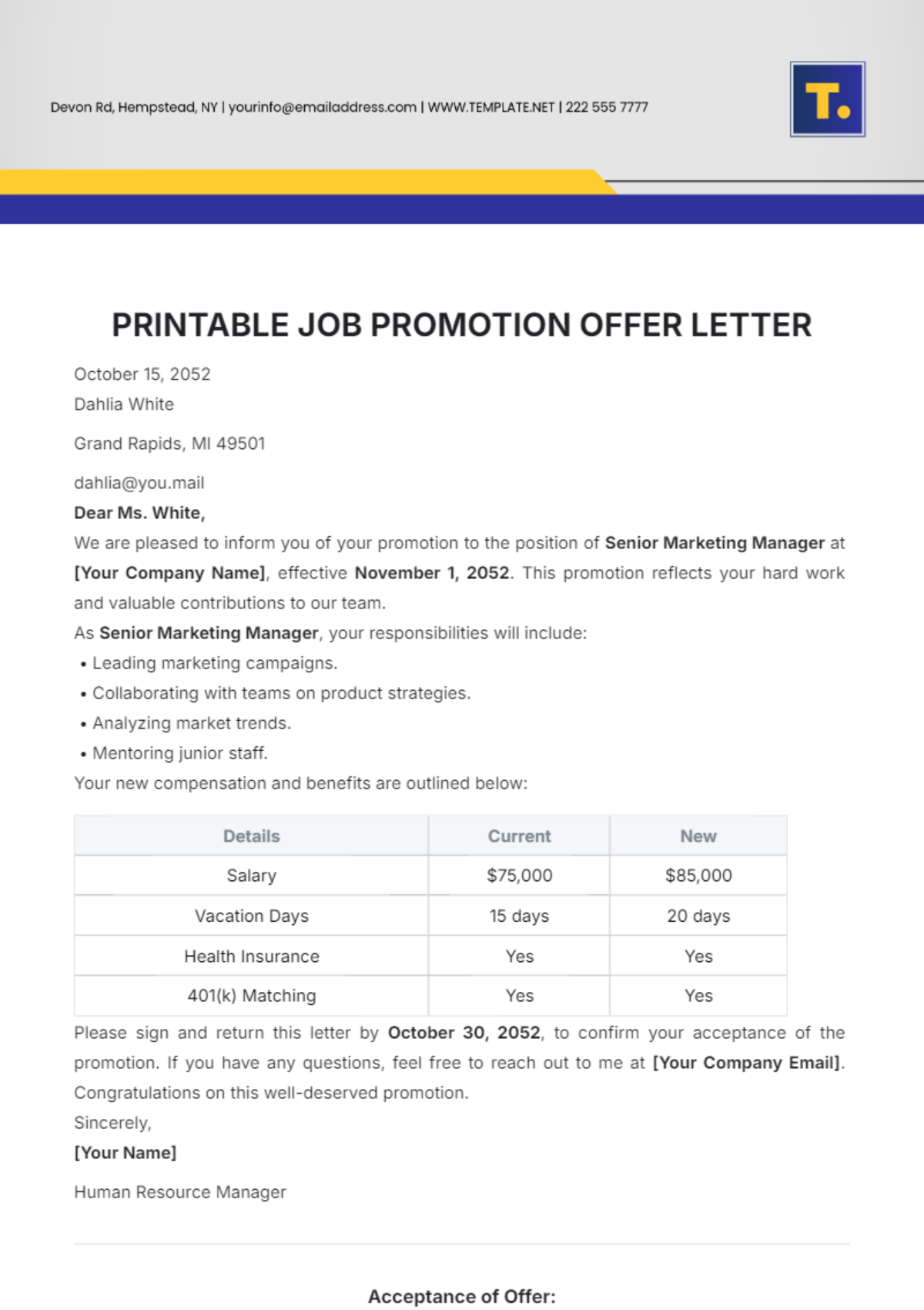 Printable Job Promotion Offer Letter Template - Edit Online & Download