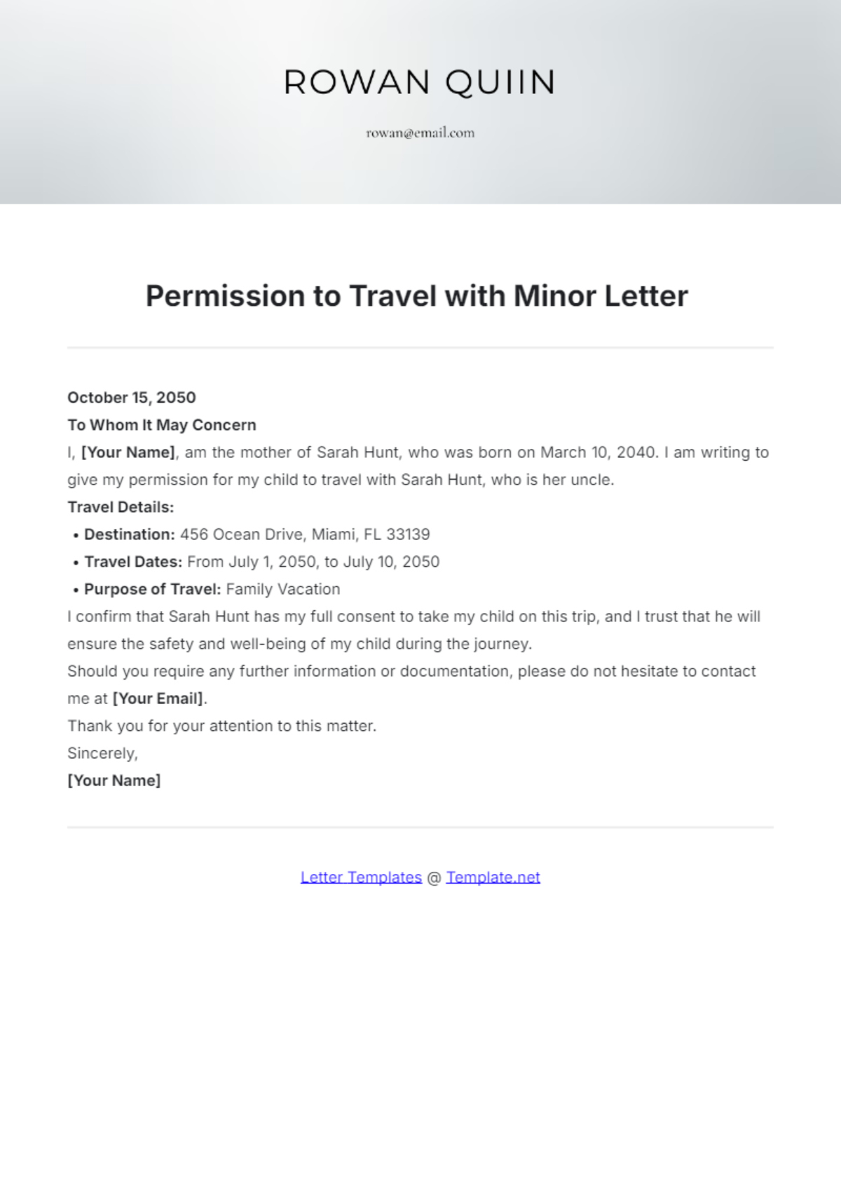 Permission to Travel with Minor Letter Template - Edit Online & Download