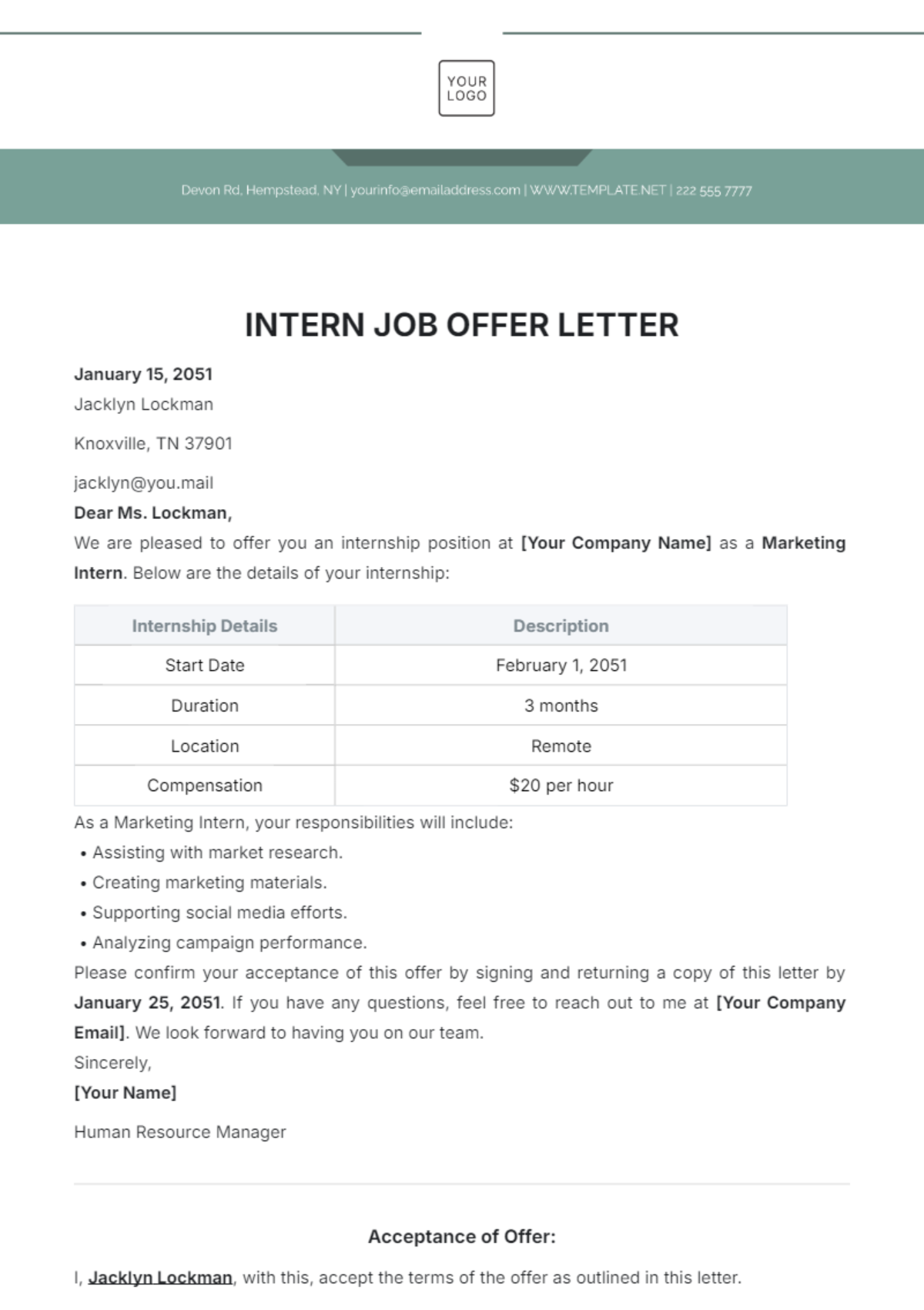 Intern Job Offer Letter Template - Edit Online & Download