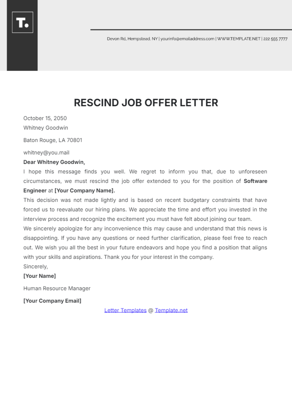 Rescind Job Offer Letter Template - Edit Online & Download