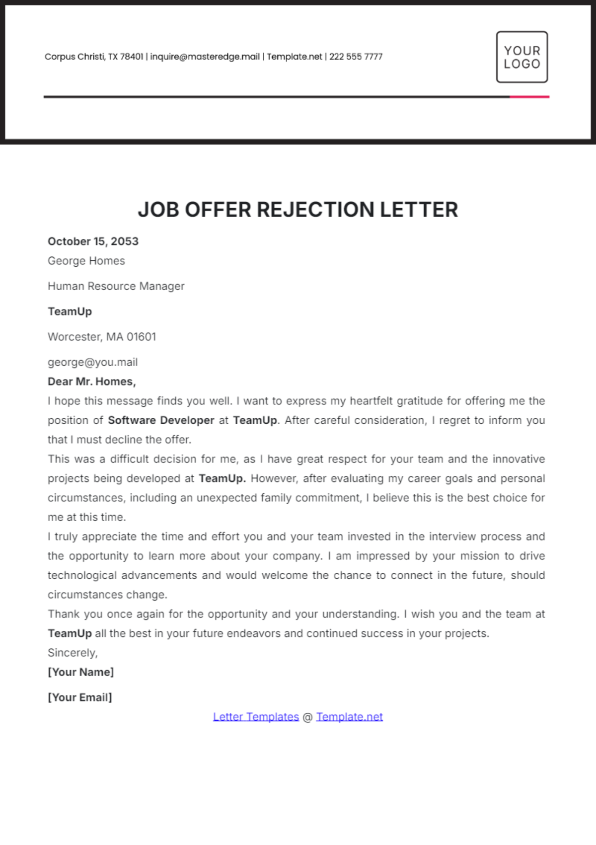 Job Offer Rejection Letter Template - Edit Online & Download