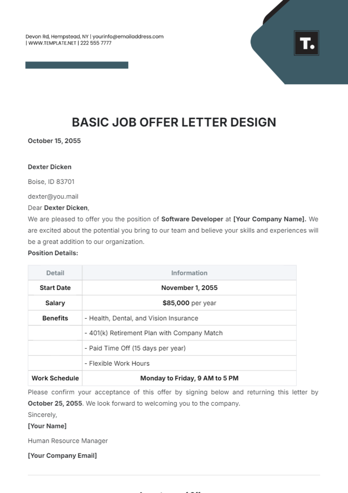 Basic Job Offer Letter Design Template - Edit Online & Download