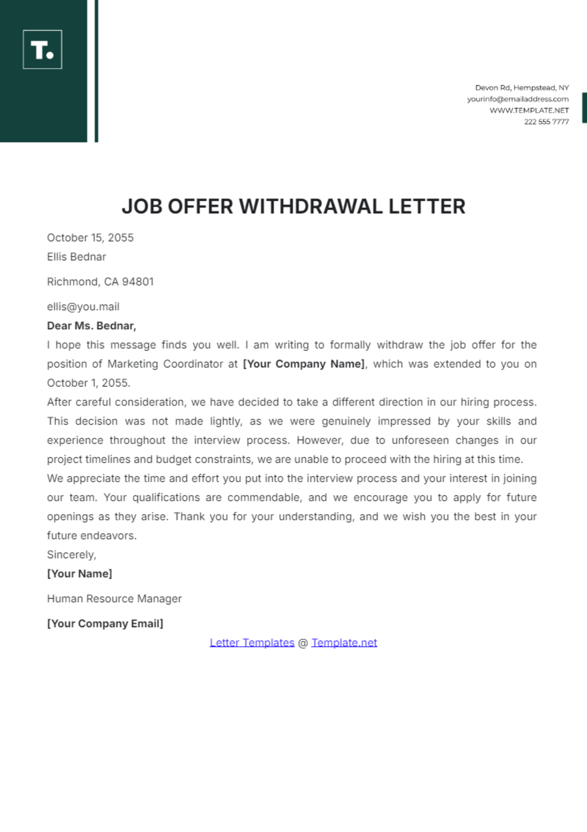 Job Offer Withdrawal Letter Template - Edit Online & Download