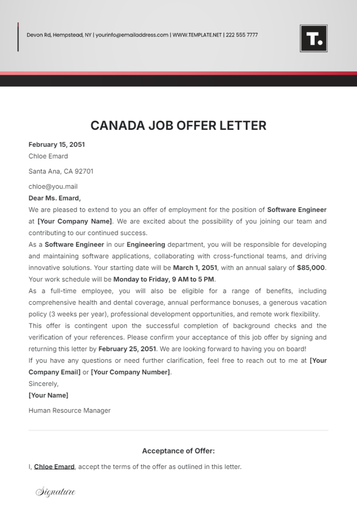 Canada Job Offer Letter Template - Edit Online & Download