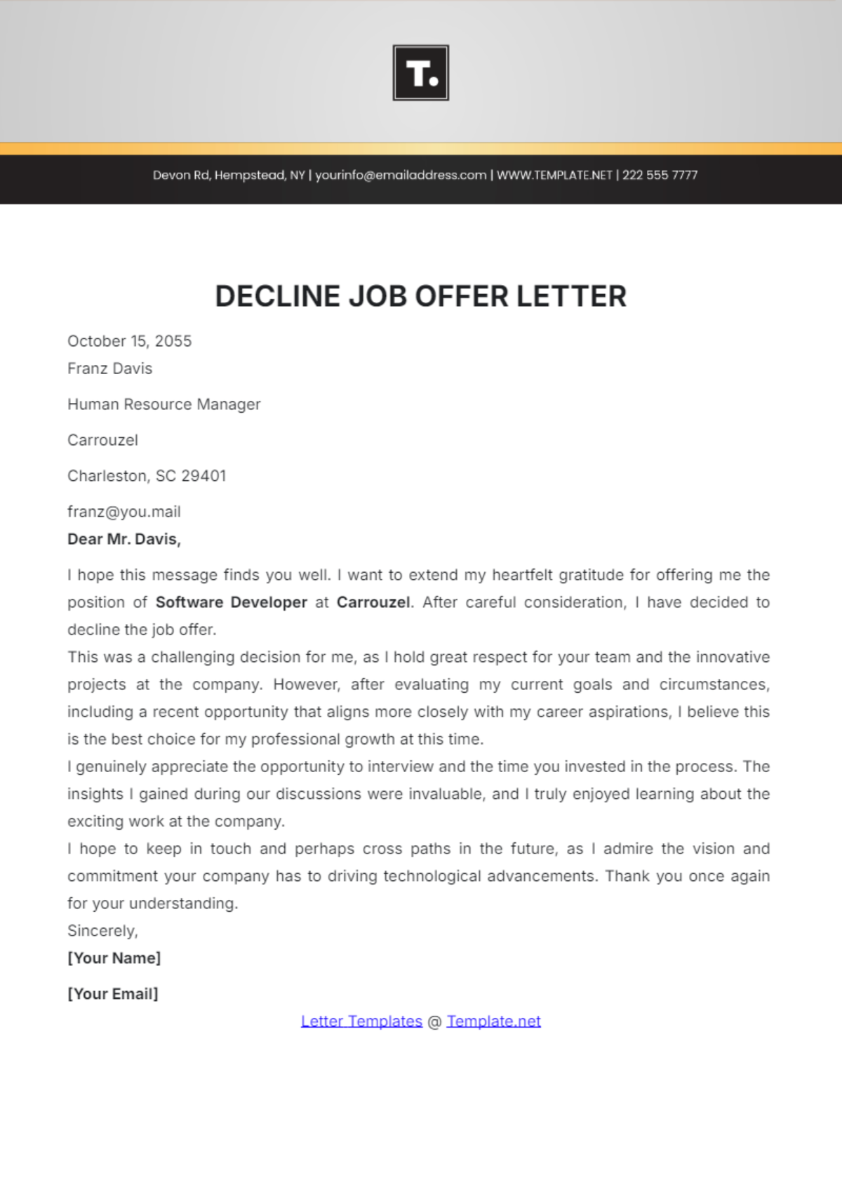 Decline Job Offer Letter Template - Edit Online & Download