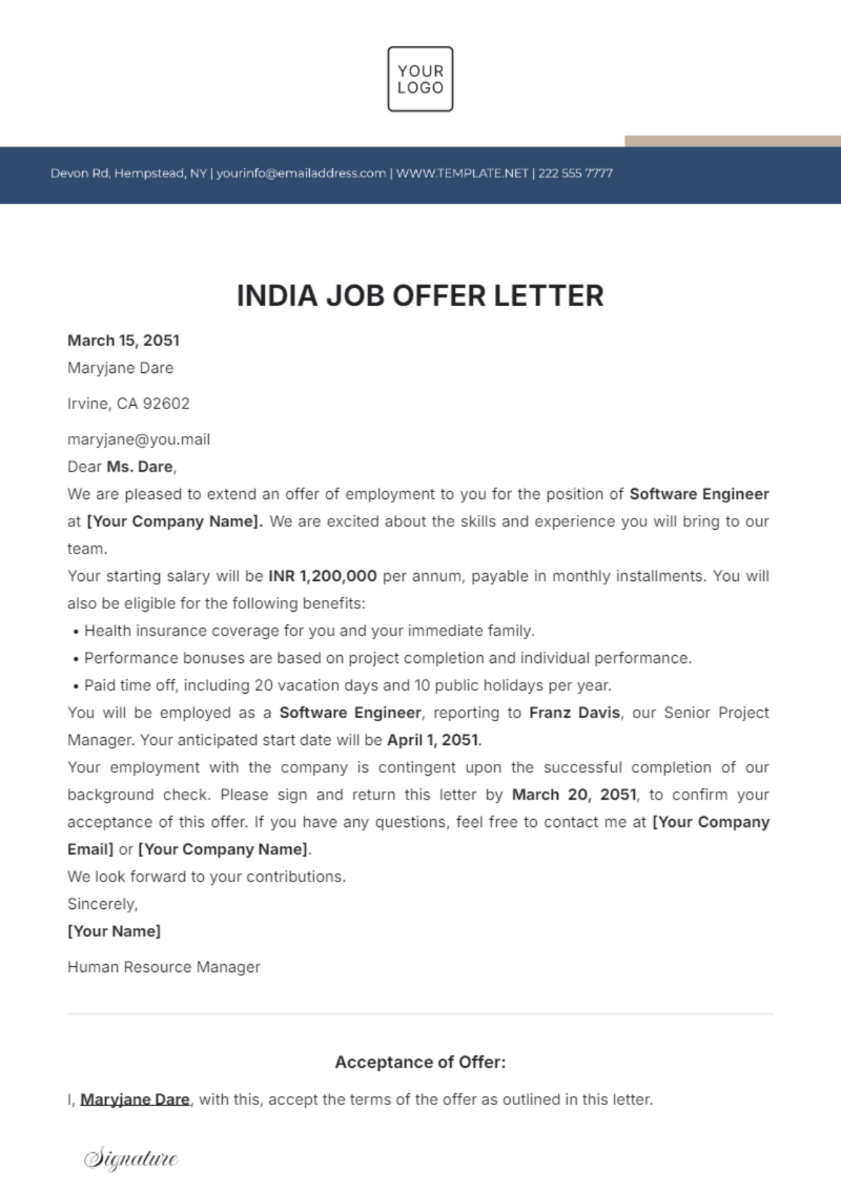 India Job Offer Letter Template - Edit Online & Download