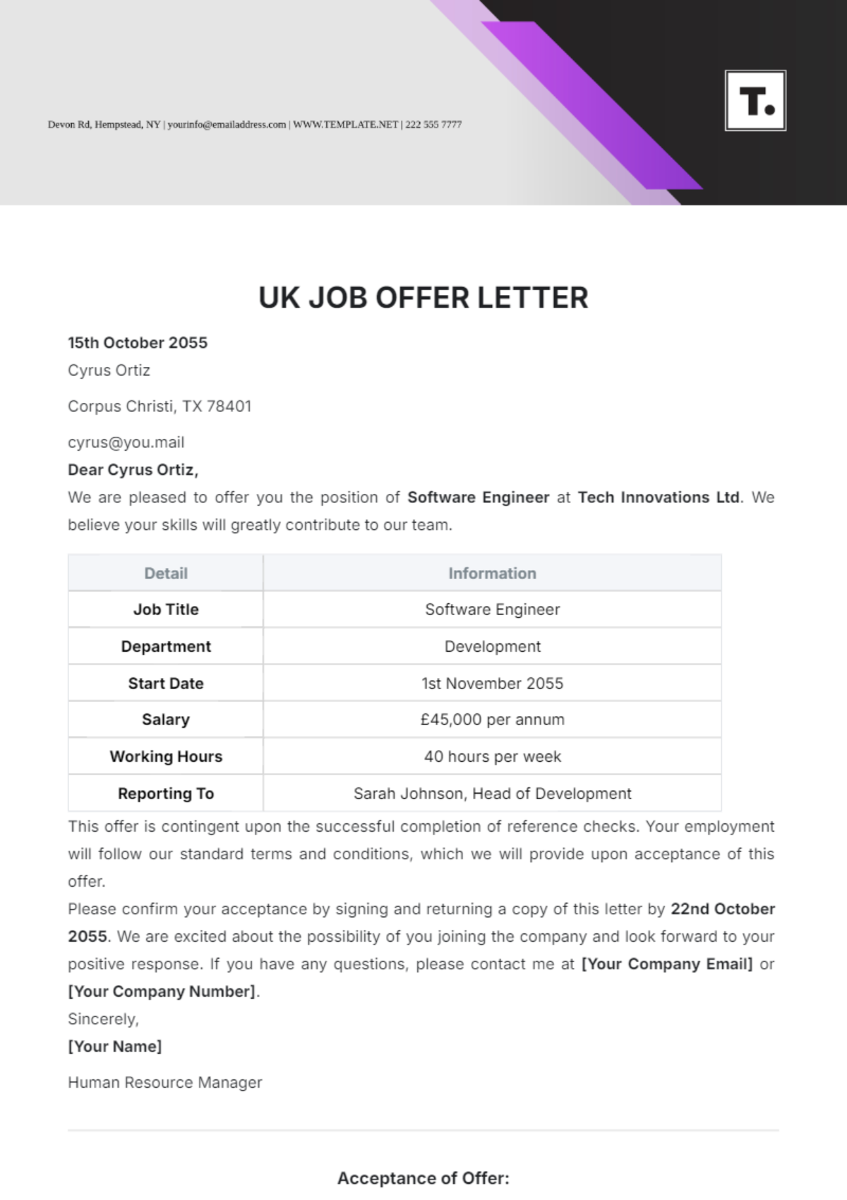 UK Job Offer Letter Template - Edit Online & Download