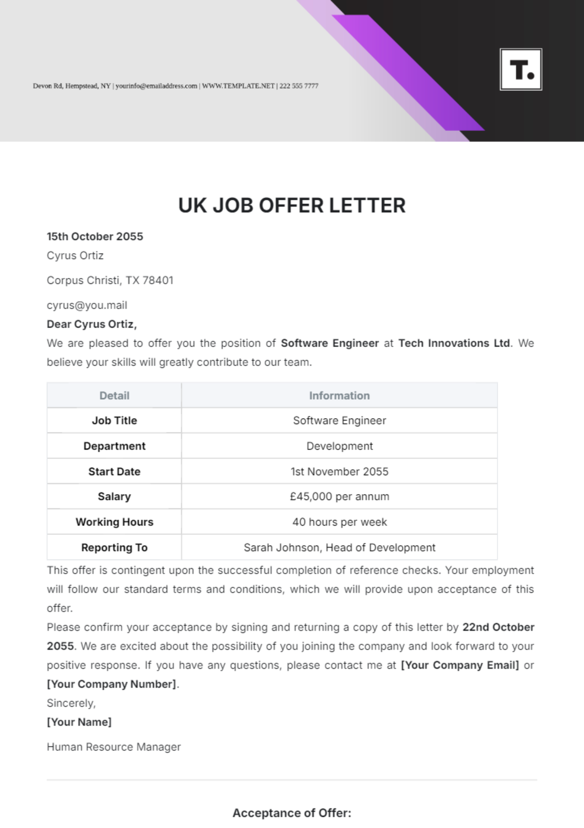 Free UK Job Offer Letter Template - Edit Online & Download | Template.net