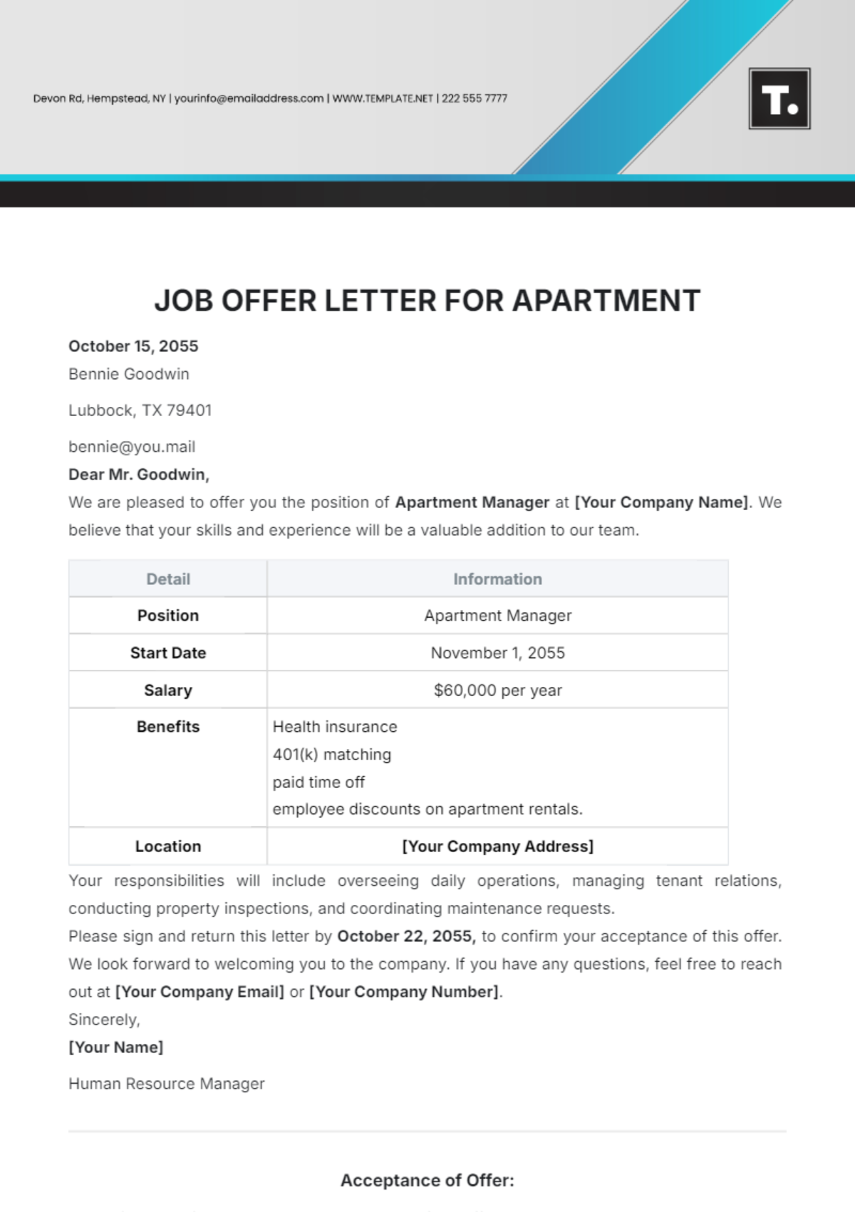 Job Offer Letter Template for Apartment - Edit Online & Download